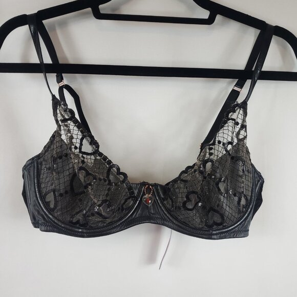 Savage X Fenty Black Glossy Flossy Quarter Cup Bra Embroidered Tulle 38C - Picture 2 of 13